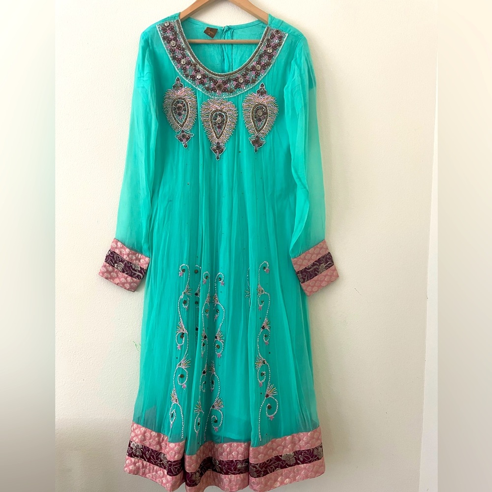 Turquoise beaded Anarkali